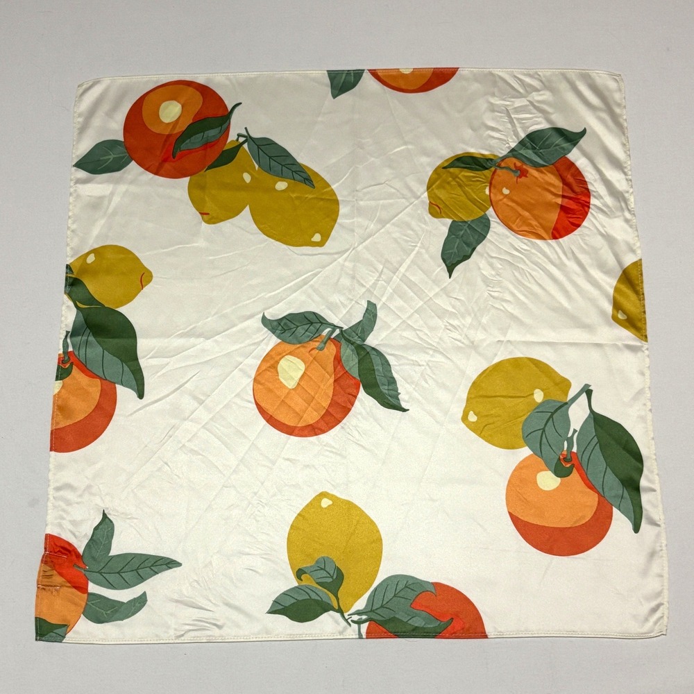 A New Day Scarf Womens OS White Orange Yellow Fruit Print Square Satin Retro Mod